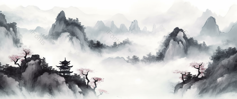 山水河流树木黑白淡彩意境中国风水墨画,插画/手绘图,插画/手绘图库,插画/手绘图下载,插画/手绘